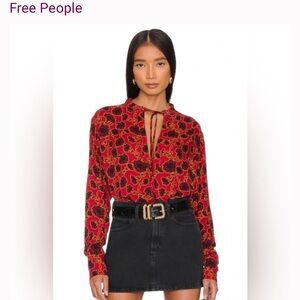 Free People Mia Red and Black Floral Tunic Blouse